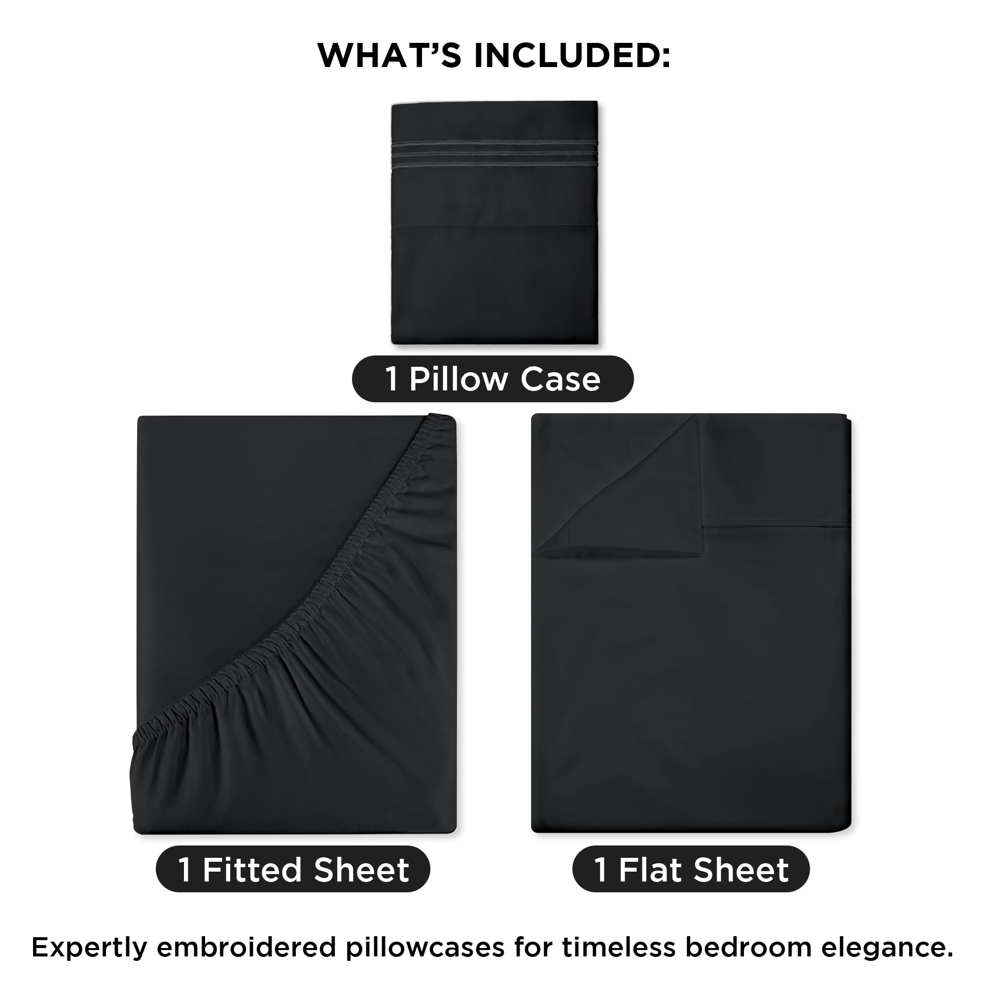 ROYALE LINENS - 4 Piece Bed Sheet - Soft Brushed Microfiber 1800 Bedding Set - 1 Fitted Sheet, 1 Flat Sheet, 2 Pillow case - Wrinkle & Fade Resistant Luxury Sheet Set (Black)