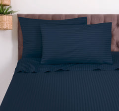 ROYALE LINENS Striped Bed Sheet Set - Microfiber 1800 Bedding - 1 Fitted Sheet, 1 Flat Sheet, 2 Pillow case - Wrinkle & Fade Resistant - 4 Piece Damask Stripe Bed Sheet Set (Stripe Navy)