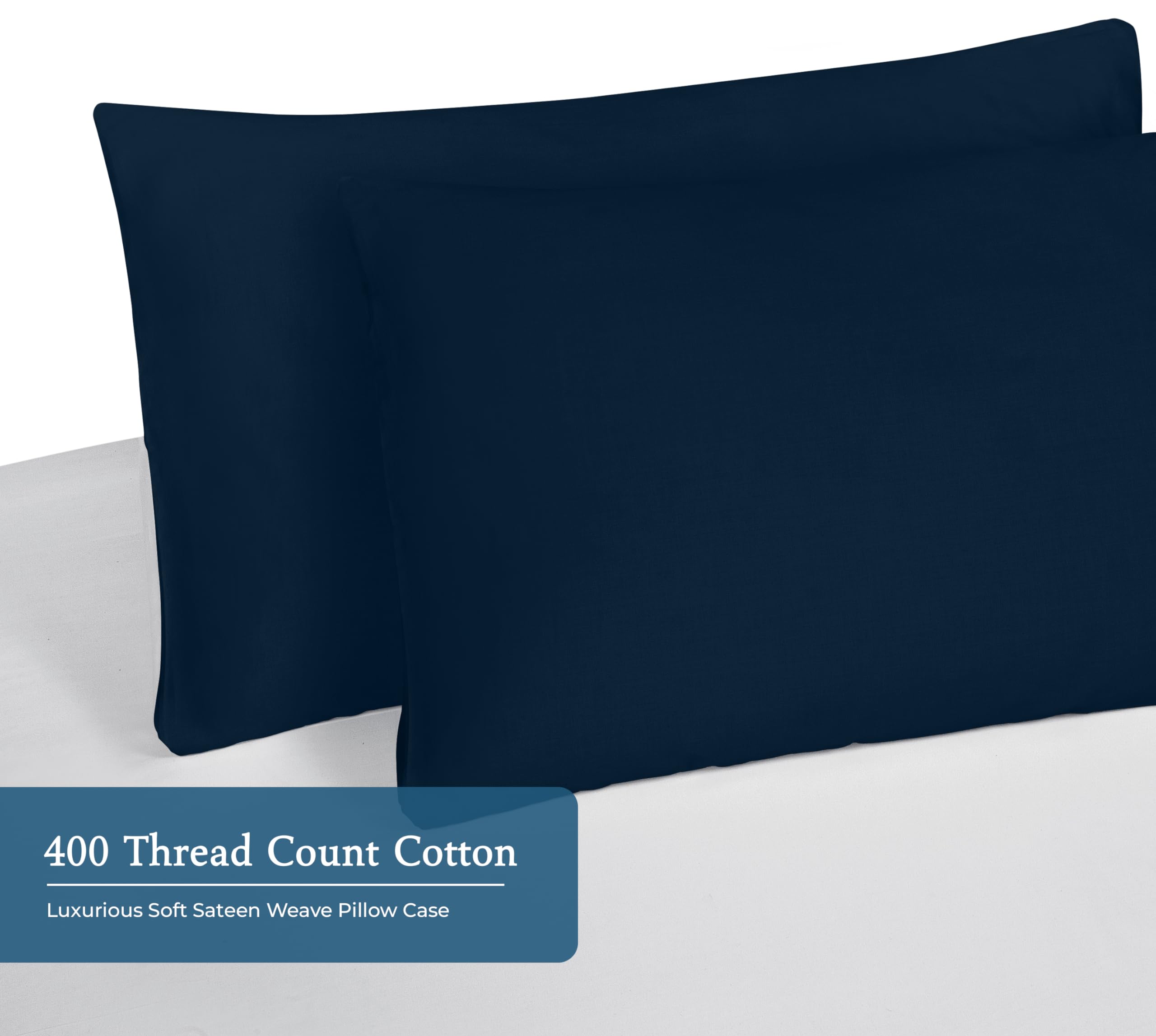 Royale Linens 400 Thread Count 100% American Grown Cotton Pillowcase Set - Luxury Sateen Pillow case - 20"x30" Inch - Soft & Smooth Set of 2 Navy Pillowcases - (Rivera Navy)