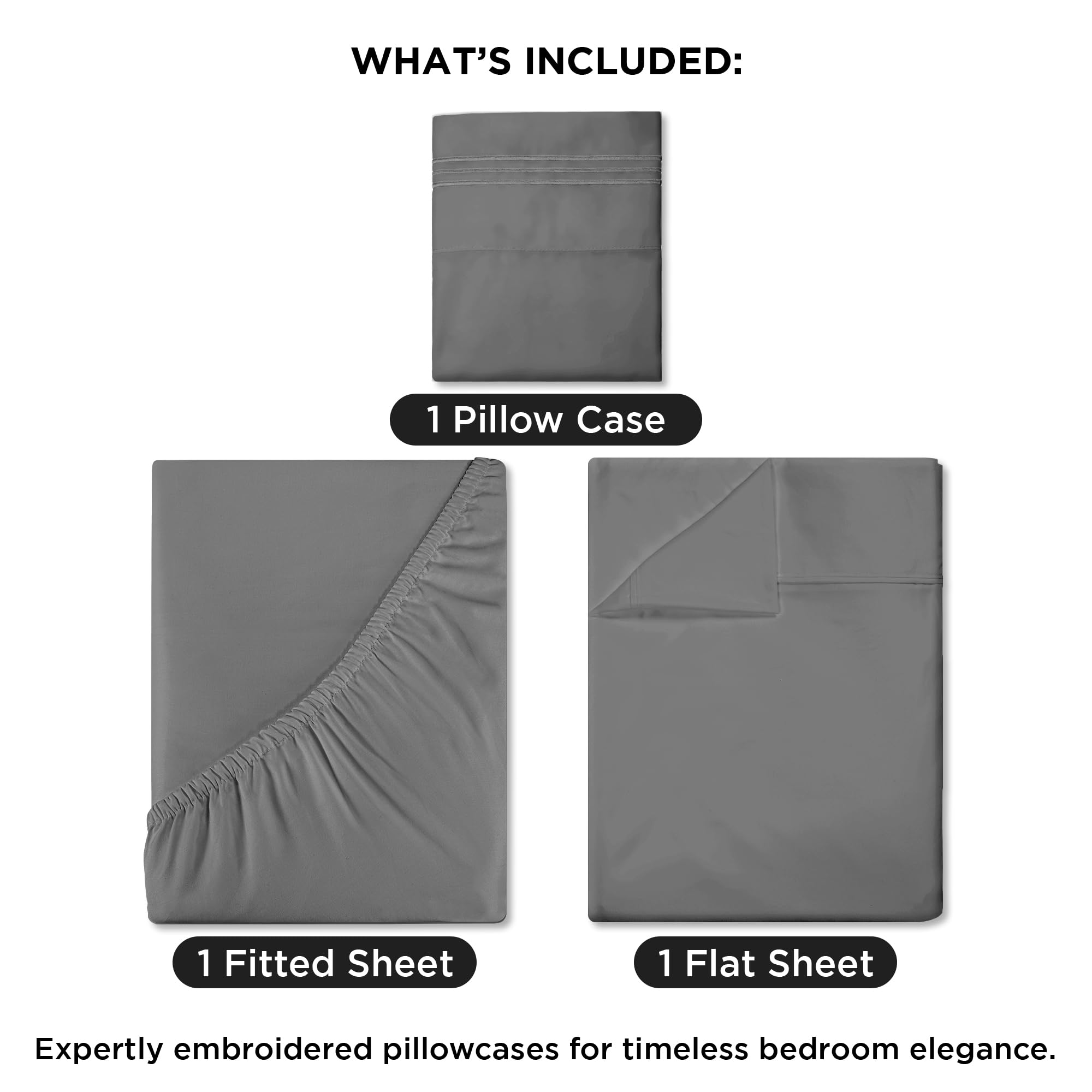 ROYALE LINENS - 4 Piece Bed Sheet - Soft Brushed Microfiber 1800 Bedding Set - 1 Fitted Sheet, 1 Flat Sheet, 2 Pillow case - Wrinkle & Fade Resistant Luxury Sheet Set (Grey)