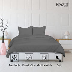 ROYALE Grey Duvet Cover - Washed Duvet Cover Set, 3 Piece Double Brushed Duvet Covers with Button Closure - 1 Duvet Cover  and 2 Pillow Shams - Comforter Cover