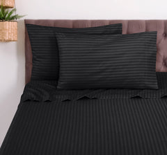 Royale Linen Striped Bed Sheet Set - Microfiber 1800 Bedding - 1 Fitted Sheet, 1 Flat Sheet, 2 Pillow case - Wrinkle & Fade Resistant - 4 Piece Damask Stripe Bed Sheet Set (Stripe Black)