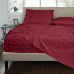 ROYALE LINENS 300 Thread Count 100% Long Staple Combed Cotton Printed Sheet Set - 4 Piece Bed Sheet - 1 Fitted Sheet, 1 Flat Sheet, 2 Pillow case -Cool & Crisp Sheet Set (Stripe Burgundy)