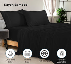 Royale Linen Bamboo Viscose Sheet Set - Cooling Bed Sheet Set - 1 Fitted, 1 Flat & 2 Pillowcase - Fits Up to 16" - Organic Viscose Derived from Bamboo - Bedding Sheet & Pillowcase (Black)
