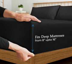 Royale Linens 400 Thread Count 100% American Grown Cotton Fitted Sheet - All Around Elastic Fitted Sheet - Luxury Sateen Weave - Snug Fit Bottom Sheet Fit Up To 16 Inch (Night Black)