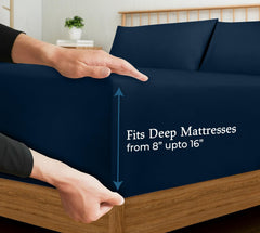 Royale Linens 400 Thread Count 100% American Grown Cotton Fitted Sheet  - All Around Elastic Fitted Sheet - Luxury Sateen Weave - Snug Fit Bottom Sheet Fit Up To 16 Inch ( Rivera Navy)