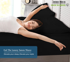 Royale Linens 400 Thread Count 100% American Grown Cotton Fitted Sheet - All Around Elastic Fitted Sheet - Luxury Sateen Weave - Snug Fit Bottom Sheet Fit Up To 16 Inch (Night Black)