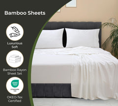 Royale Linen Bamboo Viscose Sheet Set - Cooling Bed Sheet Set - 1 Fitted, 1 Flat & 2 Pillowcase - Fits Up to 16" - Organic Viscose Derived from Bamboo - Bedding Sheet & Pillowcase (White)