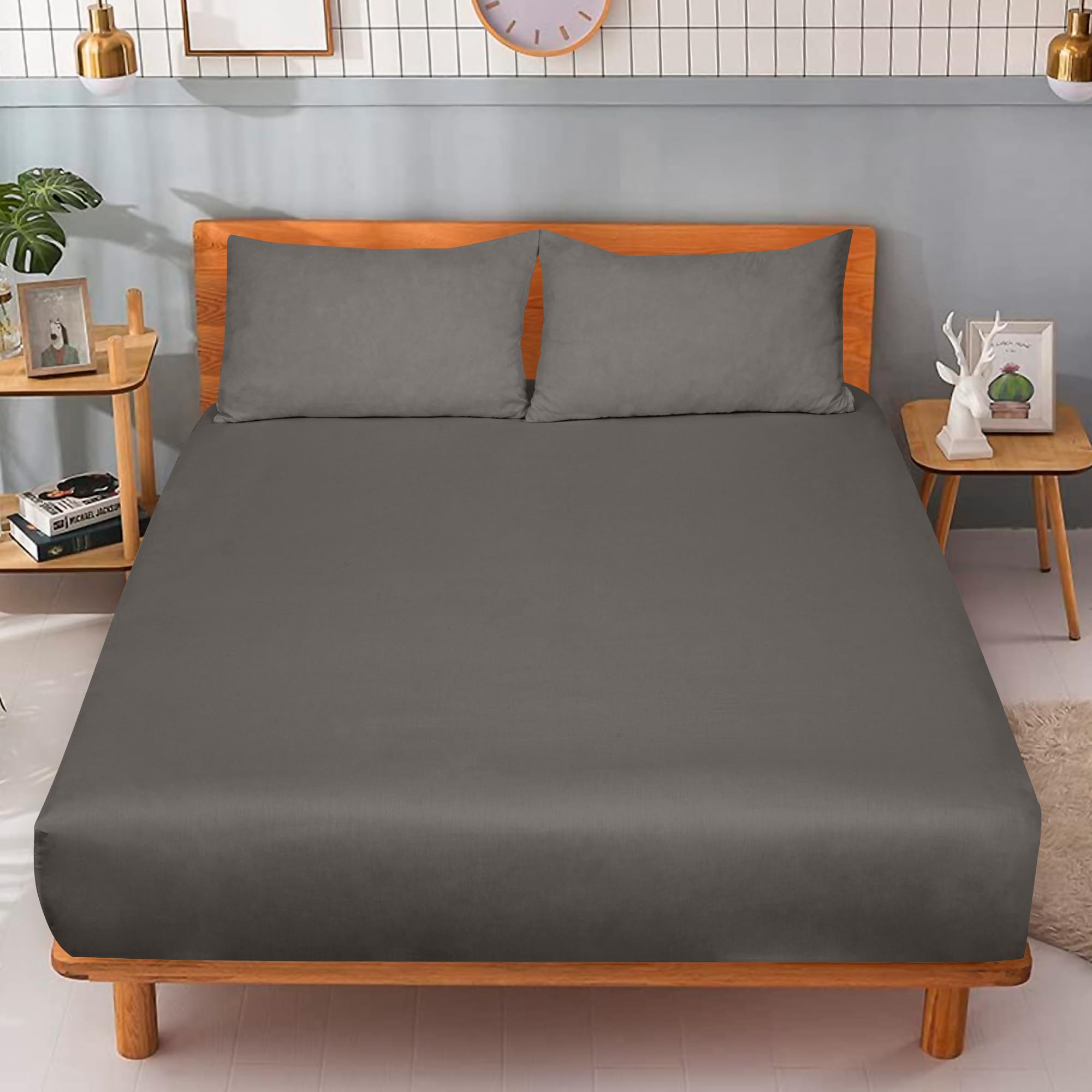 Royale Linens 300 Thread Count 100% Long Staple Combed Cotton Fitted Sheet - Super Soft Deep Pocket Bottom Sheet - Grey Fitted Sheet-Fitted Sheet Only - Elastic Sheet (Grey)
