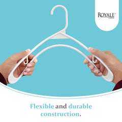 ROYALE Plastic Hangers - White Plastic Hangers - Clothes Hanger With Hooks – Heavy Duty Space Saving Coat Hangers Ideal For Everyday Use For Tops, Skirt, Dress, Shirts, Pants (White)