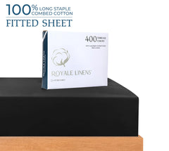 Royale Linens 400 Thread Count 100% American Grown Cotton Fitted Sheet - All Around Elastic Fitted Sheet - Luxury Sateen Weave - Snug Fit Bottom Sheet Fit Up To 16 Inch (Night Black)