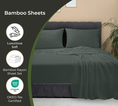 Royale Linens Bamboo Viscose Sheet Set - Cooling Bed Sheet Set - 1 Fitted, 1 Flat & 2 Pillowcase - Fits Up to 16" - Organic Viscose Derived from Bamboo - Bedding Sheet & Pillowcase (Grey)
