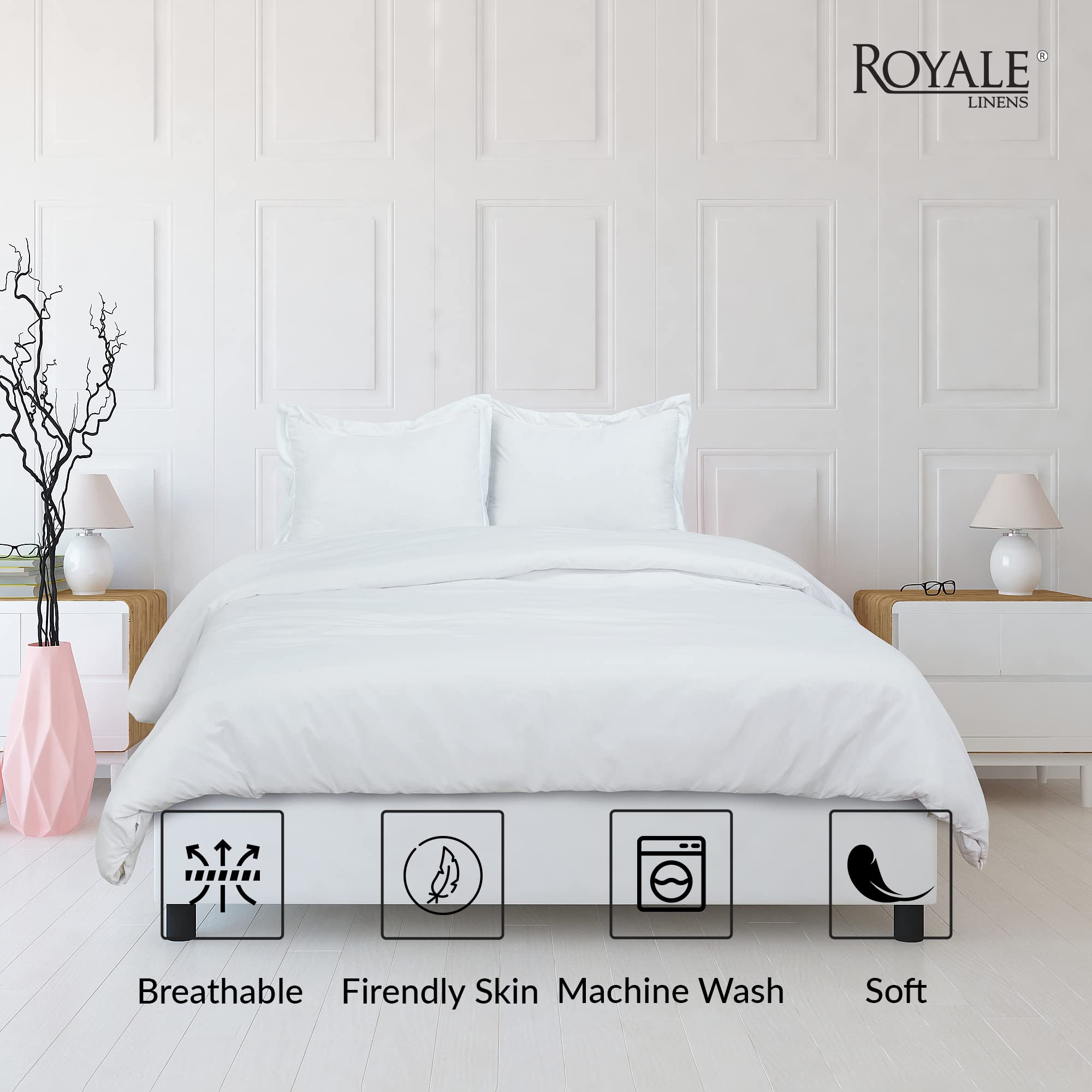 ROYALE LINENS White Duvet Cover - Duvet Cover Set - 3 Piece Double Brushed Duvet Covers with Zipper Closure, 1 Duvet Cover and 2 Pillow Shams (White)