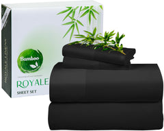 Royale Linen Bamboo Viscose Sheet Set - Cooling Bed Sheet Set - 1 Fitted, 1 Flat & 2 Pillowcase - Fits Up to 16" - Organic Viscose Derived from Bamboo - Bedding Sheet & Pillowcase (Black)