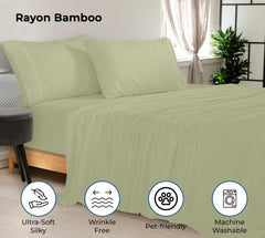 Royale Linen Bamboo Viscose Sheet Set - Cooling Bed Sheet Set - 1 Fitted 1 Flat & 2 Pillowcase - Fits Up to 16 - Organic Viscose Derived from Bamboo - Bedding Sheet &Pillowcase (SageGreen)