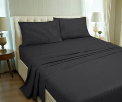 Royale Linen Striped Bed Sheet Set - Microfiber 1800 Bedding - 1 Fitted Sheet, 1 Flat Sheet, 2 Pillow case - Wrinkle & Fade Resistant - 4 Piece Damask Stripe Bed Sheet Set (Stripe Black)