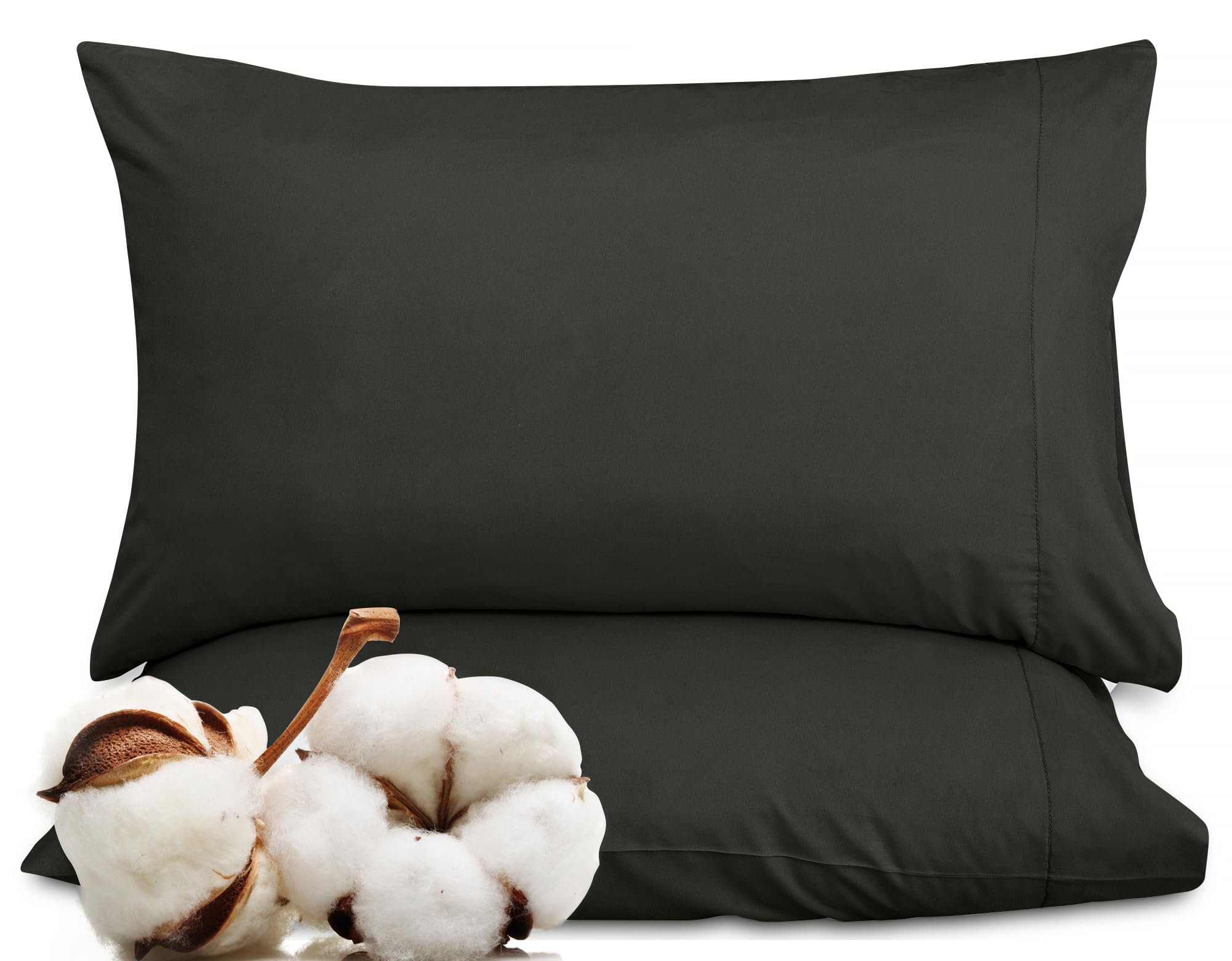 ROYALE LINENS 300 Thread Count 100% Long Staple Combed Cotton Pillowcases Set of 2 - Ultra Soft - Bed Pillow Cover - Breathable, Cool & Crisp Percale Black Pillow Cases (Black)