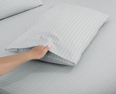 Royale Linen Striped Bed Sheet Set - Microfiber 1800 Bedding - 1 Fitted Sheet, 1 Flat Sheet, 2 Pillow case - Wrinkle & Fade Resistant - 4 Piece Damask Stripe Bed Sheet Set (Stripe Silver)