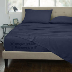 ROYALE LINENS 300 Thread Count 100% Long Staple Combed Cotton Sheet Set - 4 Piece Bed Sheet 1 Fitted Sheet, 1 Flat Sheet, 2 Pillow Case - Breathable, Cool & Crisp Percale Sheet Set (Navy)