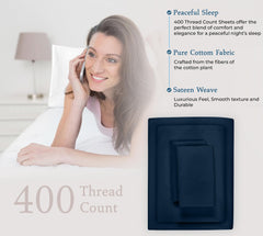 ROYALE LINENS 400 Thread Count 100% American Grown Cotton 4 Piece Sateen Sheet Set - 1 Fitted Sheet, 1 Flat Sheet, 2 Pillow case - Navy Bedsheet - Cotton Sheets - (Rivera Navy)