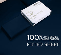 Royale Linens 400 Thread Count 100% American Grown Cotton Fitted Sheet  - All Around Elastic Fitted Sheet - Luxury Sateen Weave - Snug Fit Bottom Sheet Fit Up To 16 Inch ( Rivera Navy)
