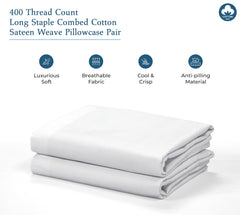 Royale Linens 400 Thread Count 100% American Grown Cotton Pillowcase Set - Luxury Sateen Pillow case - 20"x30" Inch - Soft & Smooth Set of 2 White Pillowcases - (Signature White)