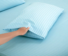 ROYALE LINENS Striped Bed Sheet Set - Microfiber 1800 Bedding - 1 Fitted Sheet, 1 Flat Sheet, 2 Pillowcase - Wrinkle & Fade Resistant - 4 Piece Damask Stripe Bed Sheet Set (Stripe Lake Blue)