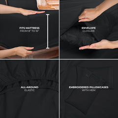 ROYALE LINENS - 4 Piece Bed Sheet - Soft Brushed Microfiber 1800 Bedding Set - 1 Fitted Sheet, 1 Flat Sheet, 2 Pillow case - Wrinkle & Fade Resistant Luxury Sheet Set (Black)