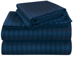 ROYALE LINENS Striped Bed Sheet Set - Microfiber 1800 Bedding - 1 Fitted Sheet, 1 Flat Sheet, 2 Pillow case - Wrinkle & Fade Resistant - 4 Piece Damask Stripe Bed Sheet Set (Stripe Navy)