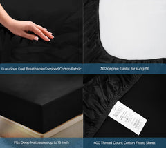 Royale Linens 400 Thread Count 100% American Grown Cotton Fitted Sheet - All Around Elastic Fitted Sheet - Luxury Sateen Weave - Snug Fit Bottom Sheet Fit Up To 16 Inch (Night Black)