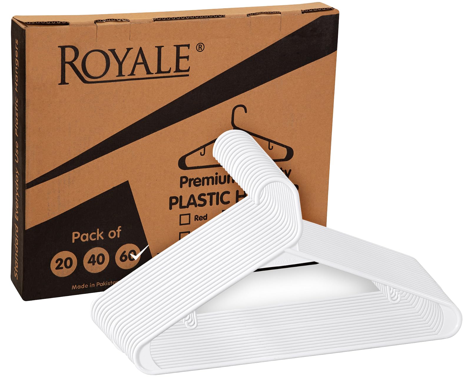 ROYALE Plastic Hangers - White Plastic Hangers - Clothes Hanger With Hooks – Heavy Duty Space Saving Coat Hangers Ideal For Everyday Use For Tops, Skirt, Dress, Shirts, Pants (White)