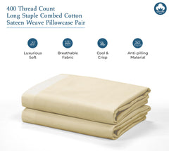 Royale Linens 400 Thread Count 100% American Grown Cotton Pillowcase Set - Luxury Sateen Pillow case - 20"x30" Inch - Soft & Smooth Set of 2 Beige Pillowcases - (Moroccan Sand)