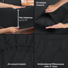 ROYALE LINENS - 4 Piece Bed Sheet - Soft Brushed Microfiber 1800 Bedding Set - 1 Fitted Sheet, 1 Flat Sheet, 2 Pillow case - Wrinkle & Fade Resistant Luxury Sheet Set (Black)