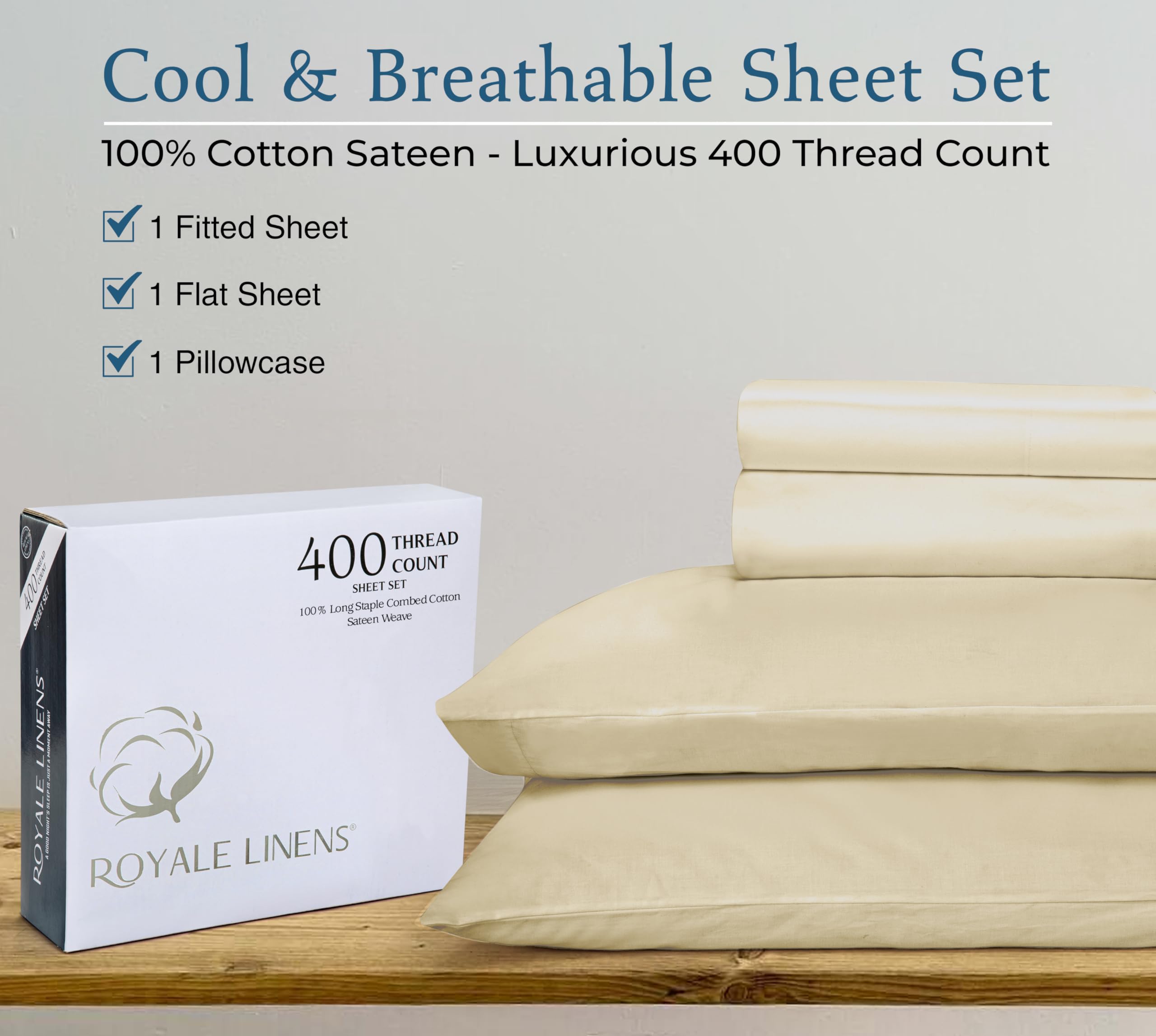 ROYALE LINENS 400 Thread Count 100% American Grown Cotton 4 Piece Sateen Sheet Set - 1 Fitted Sheet, 1 Flat Sheet, 2 Pillow case - Taupe Bedsheet - Cotton Sheets - ( Moroccan Sand)