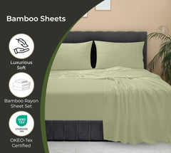 Royale Linen Bamboo Viscose Sheet Set - Cooling Bed Sheet Set - 1 Fitted 1 Flat & 2 Pillowcase - Fits Up to 16 - Organic Viscose Derived from Bamboo - Bedding Sheet &Pillowcase (SageGreen)