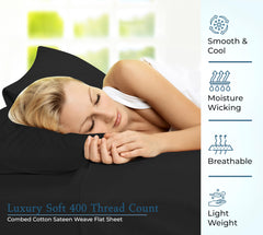 400 Thread Count 100% American Grown Cotton Flat Sheet - Cooling Sheets - Sheets - Luxury Sateen Weave - Flat Sheet Sold Separately - Soft Black Flat Sheet Only ( Night Black)