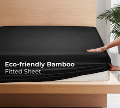 Royale Linens Rayon Derived Bamboo Viscose Fitted Sheet Only - Cooling Fitted Sheets for Bed - Deep Pocket Up to 16" - Organic Viscose Derived from Bamboo - Breathable Bottom Sheet (Black)