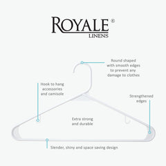 ROYALE Plastic Hangers - White Plastic Hangers - Clothes Hanger With Hooks – Heavy Duty Space Saving Coat Hangers Ideal For Everyday Use For Tops, Skirt, Dress, Shirts, Pants (White)