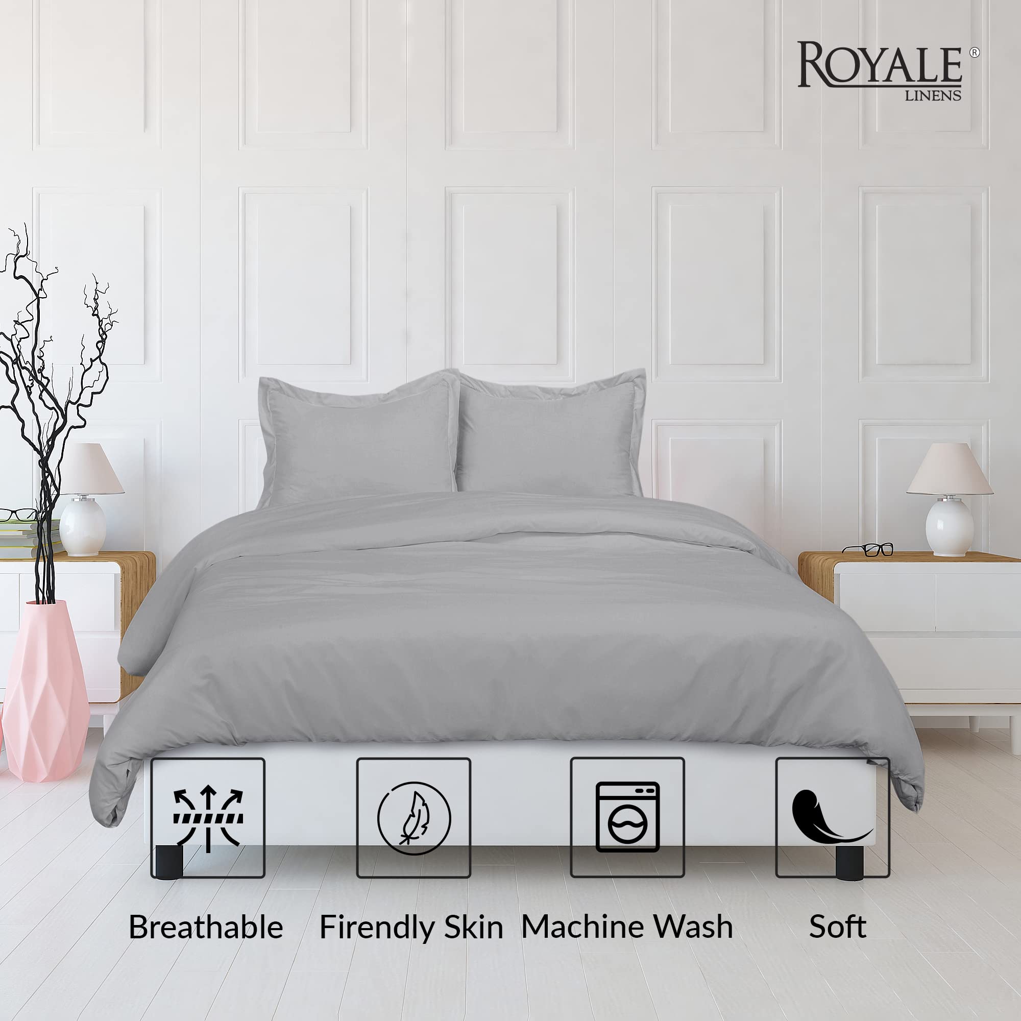 Royale Linens Silver Duvet Cover - Duvet Cover Set - 3 Piece Double Brushed Duvet Covers with Zipper Closure, 1 Duvet Cover and 2 Pillow Shams ( Silver)