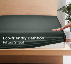 Royale Linens Rayon Derived Bamboo Viscose Fitted Sheet Only - Cooling Fitted Sheets for Bed - Deep Pocket Up to 16" - Organic Viscose Derived from Bamboo - Breathable Bottom Sheet (Grey)