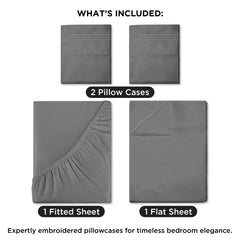 ROYALE LINENS - 4 Piece Bed Sheet - Soft Brushed Microfiber 1800 Bedding Set - 1 Fitted Sheet, 1 Flat Sheet, 2 Pillow case - Wrinkle & Fade Resistant Luxury Sheet Set (Grey)