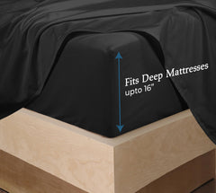 Royale Linens 400 Thread Count 100% American Grown Cotton Fitted Sheet - All Around Elastic Fitted Sheet - Luxury Sateen Weave - Snug Fit Bottom Sheet Fit Up To 16 Inch (Night Black)