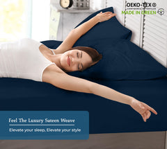 Royale Linens 400 Thread Count 100% American Grown Cotton Fitted Sheet  - All Around Elastic Fitted Sheet - Luxury Sateen Weave - Snug Fit Bottom Sheet Fit Up To 16 Inch ( Rivera Navy)