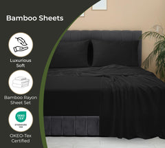 Royale Linen Bamboo Viscose Sheet Set - Cooling Bed Sheet Set - 1 Fitted, 1 Flat & 2 Pillowcase - Fits Up to 16" - Organic Viscose Derived from Bamboo - Bedding Sheet & Pillowcase (Black)