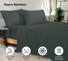 Royale Linens Bamboo Viscose Sheet Set - Cooling Bed Sheet Set - 1 Fitted, 1 Flat & 2 Pillowcase - Fits Up to 16" - Organic Viscose Derived from Bamboo - Bedding Sheet & Pillowcase (Grey)