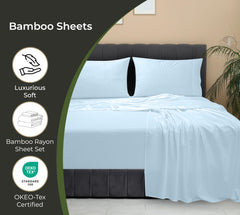Royale Linen Bamboo Viscose Sheet Set - Cooling Bed Sheet Set - 1 Fitted 1 Flat & 2 Pillowcase - Fits Up to 16" - Organic Viscose Derived from Bamboo - Bedding Sheet &Pillowcase (LakeBlue)