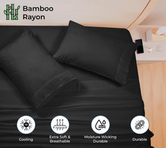 Royale Linen Bamboo Viscose Sheet Set - Cooling Bed Sheet Set - 1 Fitted, 1 Flat & 2 Pillowcase - Fits Up to 16" - Organic Viscose Derived from Bamboo - Bedding Sheet & Pillowcase (Black)
