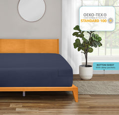 Royale Linens 300 Thread Count 100% Long Staple Combed Cotton Fitted Sheet - Super Soft Deep Pocket Bottom Sheet - Navy Fitted Sheet  -Fitted Sheet Only - Elastic Sheet ( Navy)