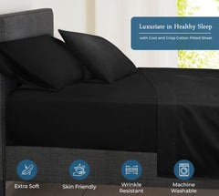Royale Linens 400 Thread Count 100% American Grown Cotton Fitted Sheet - All Around Elastic Fitted Sheet - Luxury Sateen Weave - Snug Fit Bottom Sheet Fit Up To 16 Inch (Night Black)