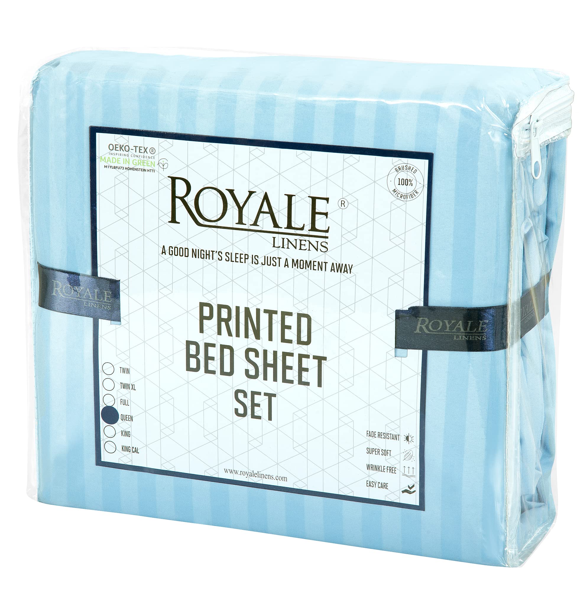 ROYALE LINENS Striped Bed Sheet Set - Microfiber 1800 Bedding - 1 Fitted Sheet, 1 Flat Sheet, 2 Pillowcase - Wrinkle & Fade Resistant - 4 Piece Damask Stripe Bed Sheet Set (Stripe Lake Blue)